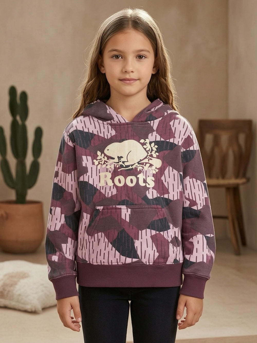 Roots Girls' Purple & Pink Camo Logo Hoodie